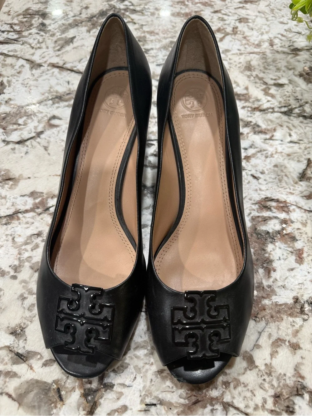 Tory Burch Black Leather Peep-Toe Heels with Logo Medallion